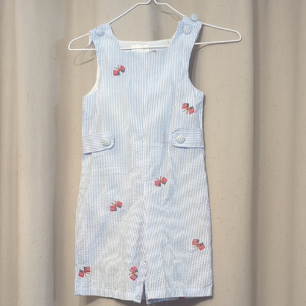 Cactus Blue and White Striped Kids Romper with Red Embroidery